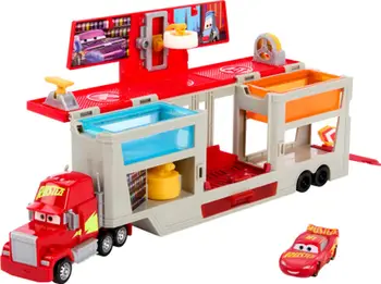 Set loje Disney Pixar Cars Color Changers Mobile Paint Shop Mack, me makinë lodër Lightning McQueen, shumëngjyrësh