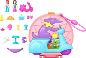 Set lojërash Polly Pocket Adventures in Rio Doggy Adventure Moped, playset kompakt, për fëmijë 4+ vjeç, shumëngjyrëshe