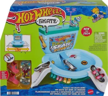 Set lojërash Hot Wheels Skate Flush and Go Skate Bowl, fingerboard me rampë, për fëmijë 5+