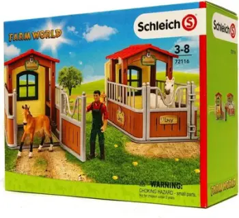 Set lojërash Schleich Farm World Visit in the Open Stall, figura ferme, edukativ, shumëngjyrësh