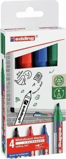 Set markerë whiteboard edding 363, majë e pjerrët 1-5mm, 4 copë, ngjyra të përziera