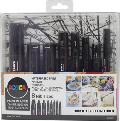 Set markerash Posca Uni Paint, 8 copë, maja të përziera, të zinj - 1