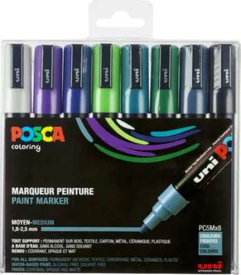 Set markerësh Uni Posca PC-5M, 8 copa, ngjyra të ftohta