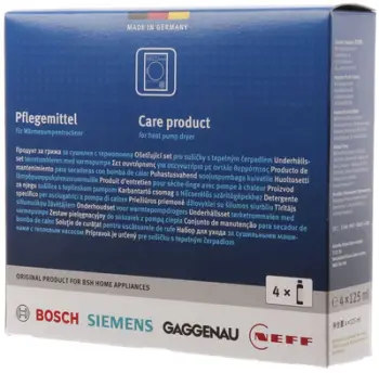 Set mirëmbajtjeje Bosch Siemens 00312474, për tharëse me pompë nxehtësie, 4x125 ml, i kaltër