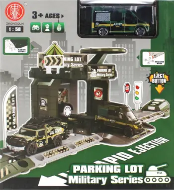 Set parkimi ushtarak për fëmijë MEGA CREATIVE Military Metal Parking Plus Accessories 524847, shkalla 1:58, me aksesorë