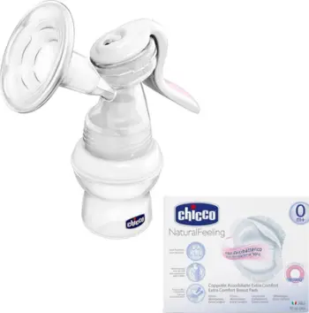Set për gjidhënie Chicco NaturalFeeling, pompë gjiri manuale, jastëkë gjiri 60 copë, e bardhë