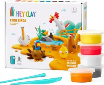 Set plasteline Hey Clay Farm Birds, 15 kavanoza, shumëngjyrësh
