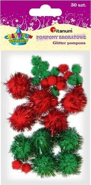 Set pompone dekorative Titanum Glitter, 30 copë, 10 dhe 20 mm, të kuqe dhe jeshile