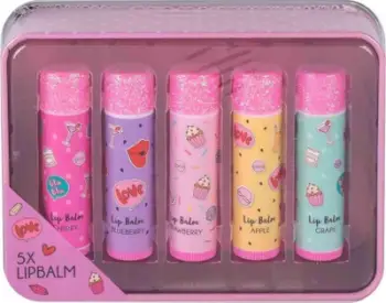 Set balsami buzësh Canenco Lip Balm Create It, 5 copë, kuti metalike rozë