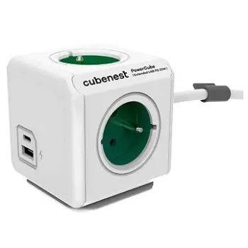 Zgjatues me priza Cubenest Powercube Extended USB PD 20W, 4x prizë, USB A+C, 1.5 m, i bardhë jeshil