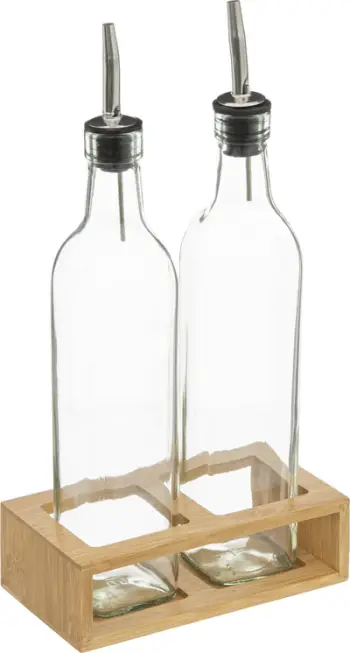 Set shishe për vaj dhe uthull Northix Bamboo, 2 copë, qelq transparent, mbajtëse bambu