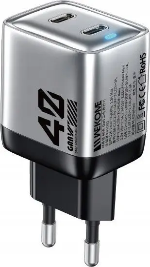 Karikues muri Wekome WP-U02 Mecha, 2x USB-C, 40W GaN, argjendtë