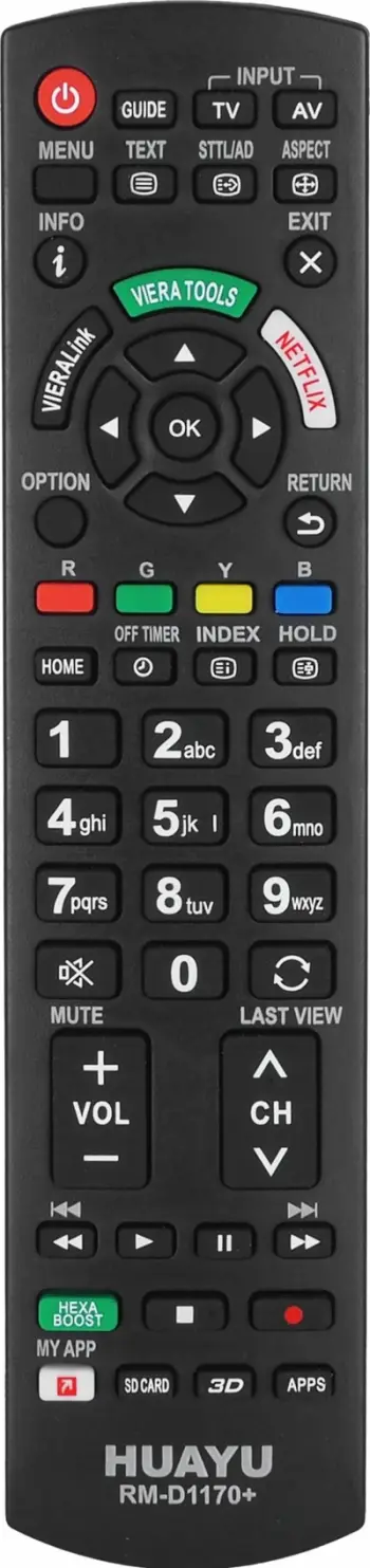 Telekomandë TV Huayu RM D1170+, universale PANASONIC, me bateri AAA, e zezë