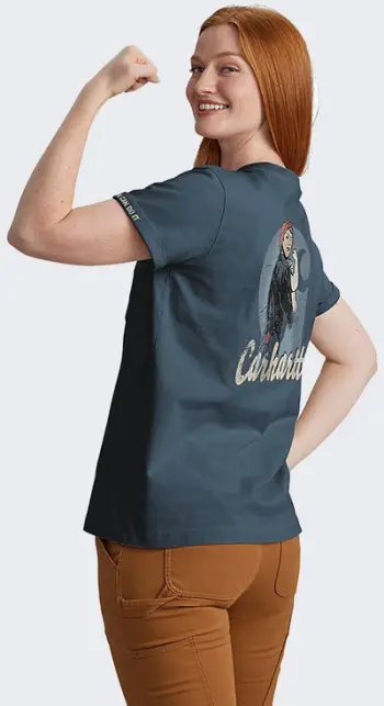 Bluzë Carhartt Rosie Graphic Loose Fit për femra, pambuk i trashë, mëngë të shkurtra, blu iron