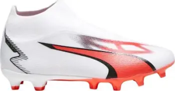 Këpucë futbolli Puma Ultra Match+ LL FG AG 107511 01, pa lidhëse, për meshkuj, të bardha me të kuqe