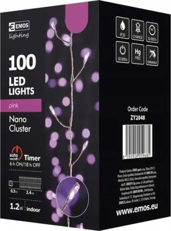Dritë dekorative LED EMOS Nano Cluster, 100 drita, 2.4 m, rozë