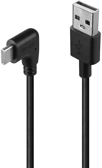 Kabllo USB Lindy 1m, USB 2.0 Type A në USB C kënd i djathtë, e zezë