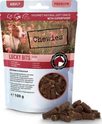 Shujta për qen Chewies Lucky Bits Adult Horse, mish kali, pa drithëra, 3 x 100 g