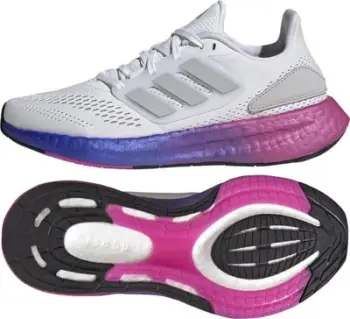 Atlete vrapimi Adidas Pureboost 22 W HQ8576, për femra, shollë Boost, të bardha me rozë vjollcë