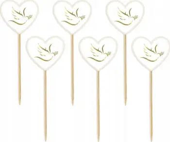 Shkopinj dekorativë Godan Heart Pick with Dove, set 6 copë, zemër, të bardhë me ari