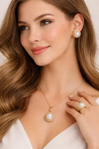 Set Elegant Gold me Perlë – Varëse, Vathë dhe Unazë