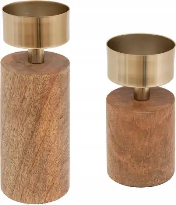 Set mbajtëse qirinjsh Atmosphera, 2 copa, dru mango dhe metal i artë, kafe