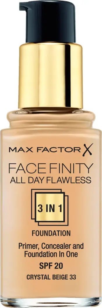 Fondatinë Max Factor Face Finity All Day Flawless 3 in 1 33 Crystal Beige, 30ml, mbulim i plotë, efekt mat