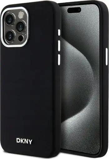 Kapak telefoni DKNY Liquid Silicone Silver Metal Logo MagSafe, për iPhone 15 Pro Max, i zi