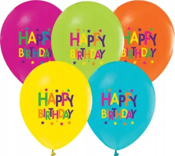 Set tullumbacesh me mbishkrim Happy Birthday me yje, 30 cm, 5 copë, shumëngjyrëshe