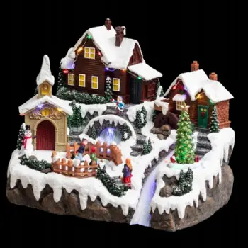 Figurinë dekorative Krishtlindjesh Fééric Lights Christmas Village Frozen in Ice, LED, 32 x 24.5 cm, shumëngjyrëshe