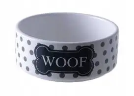 Tas qeramik për qen Yarro Ceramic Bowl Woof, 13x4.5cm, i bardhë me pika gri