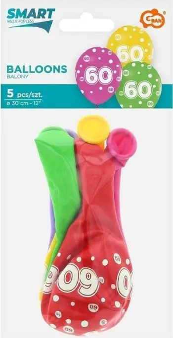 Balona dekorative Godan Balloons Number 60, set 5 copë, 30 cm, shumëngjyrëshe