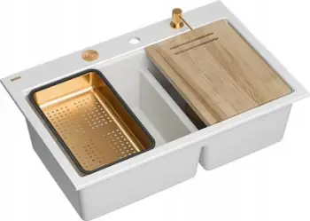 Lavaman kuzhine MARC 120 Workstation, 2 kupa, sifon Push to Open, snow white me elemente copper