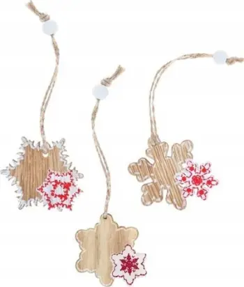 Dekor pemë MFP Wooden Hanging Snowflakes, set 9 copë, dru, bardh e kuqe