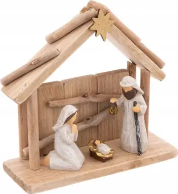 Stallë dekorative Feeric Lights Nativity, 3 figura, 20x19cm, ngjyrë natyrale druri