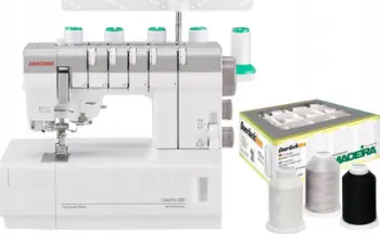 Makineri qepëse cover stitch Janome CoverPro 3000P, profesionale, me set fije dhe gjilpëra, e bardhë