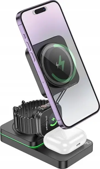 Bazë karikimi wireless Hoco CQ10, magnetike 3 në 1, 15W, e zezë