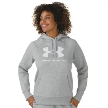 Bluzë me kapuç Under Armour Rival Fleece Big Logo, për femra, përzierje pambuk poliester, gri e hapur