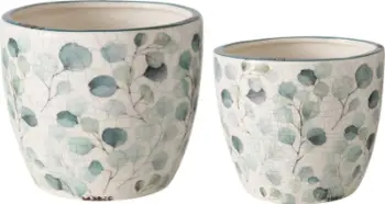Set vazo qeramike Boltze, stoneware, 11 cm dhe 14 cm, me gjethe, të bardha