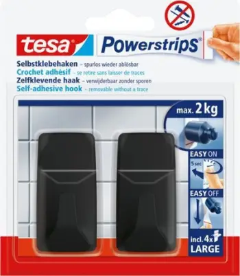 Kapëse vetëngjitëse Tesa Powerstrips 58279, 20x50mm, set 2 copë, të zeza