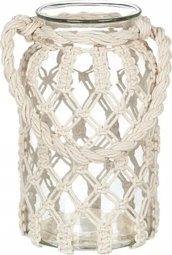 Lanternë dekorative Beliani Jalebi, 28cm, xham me macramé pambuku, e bardhë krem
