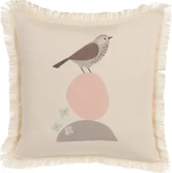 Jastëk dekorativ WATTLE Fringed Cushion Bird Motif, 60 x 60 cm, me fije, bezhë