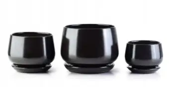 Set vazo qeramike për lule, 3 copë, me pjatëz, e zezë matte