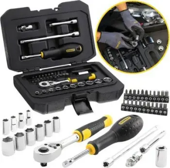 Set çelësash me koka Stanley 1/4", 38 copë, me racë dhe bit-a, në kuti plastike të zezë