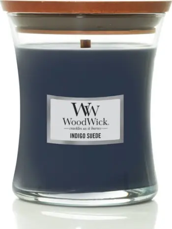 Qiri WoodWick Indigo Suede, madhësia Medium, fitil druri, indigo