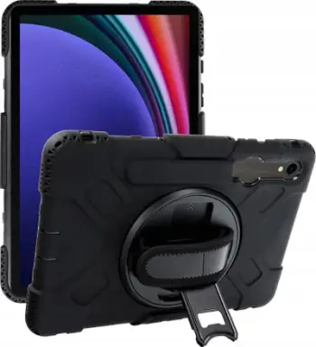 Mbrojtëse tableti HRD për Samsung Galaxy Tab S9, me dorëzë rrotulluese, me këmbë mbajtëse, e zezë