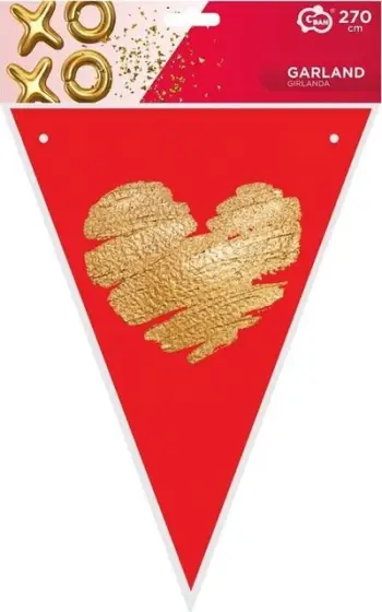 Garlandë flamujsh letre Godan XoXo, 270cm, trekëndore, e kuqe