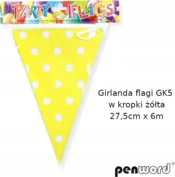 Garlandë dekorative me flamuj me pika, 27.5cm x 6m, e verdhë