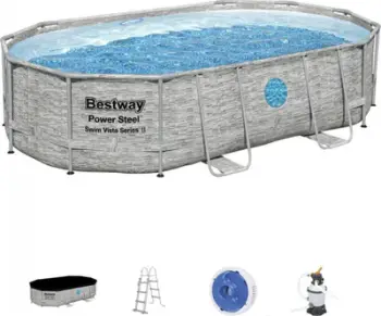 Pishinë kornizë Bestway Power Steel Swim Vista II, ovale 4.88 x 3.05 x 1.07 m, filtër rëre, gri