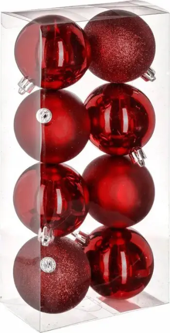 Set dekorime pemë Krishtlindjes, 8 toptha 8 cm, PVC, të kuqe